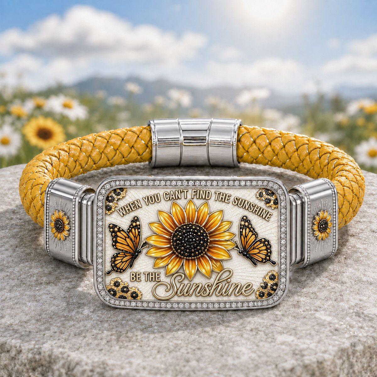 🌻🌻Sunflower & Butterfly “Be the Sunshine” Inspirational Braided Bracelet – Yellow Floral Statement Jewelry