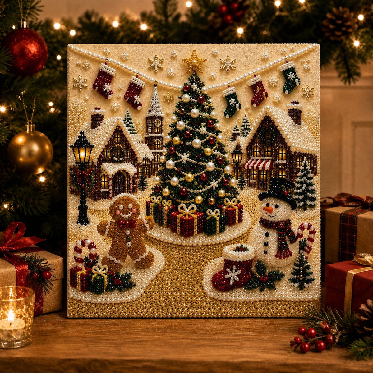 🎄🎄🎅 Premium 3D Pearl Christmas Wall Art Kit | Luxury Flocked Canvas with Scratch-Resistant Non-Fading Pearl Beads DIY Holiday Decor ⛄️❄️