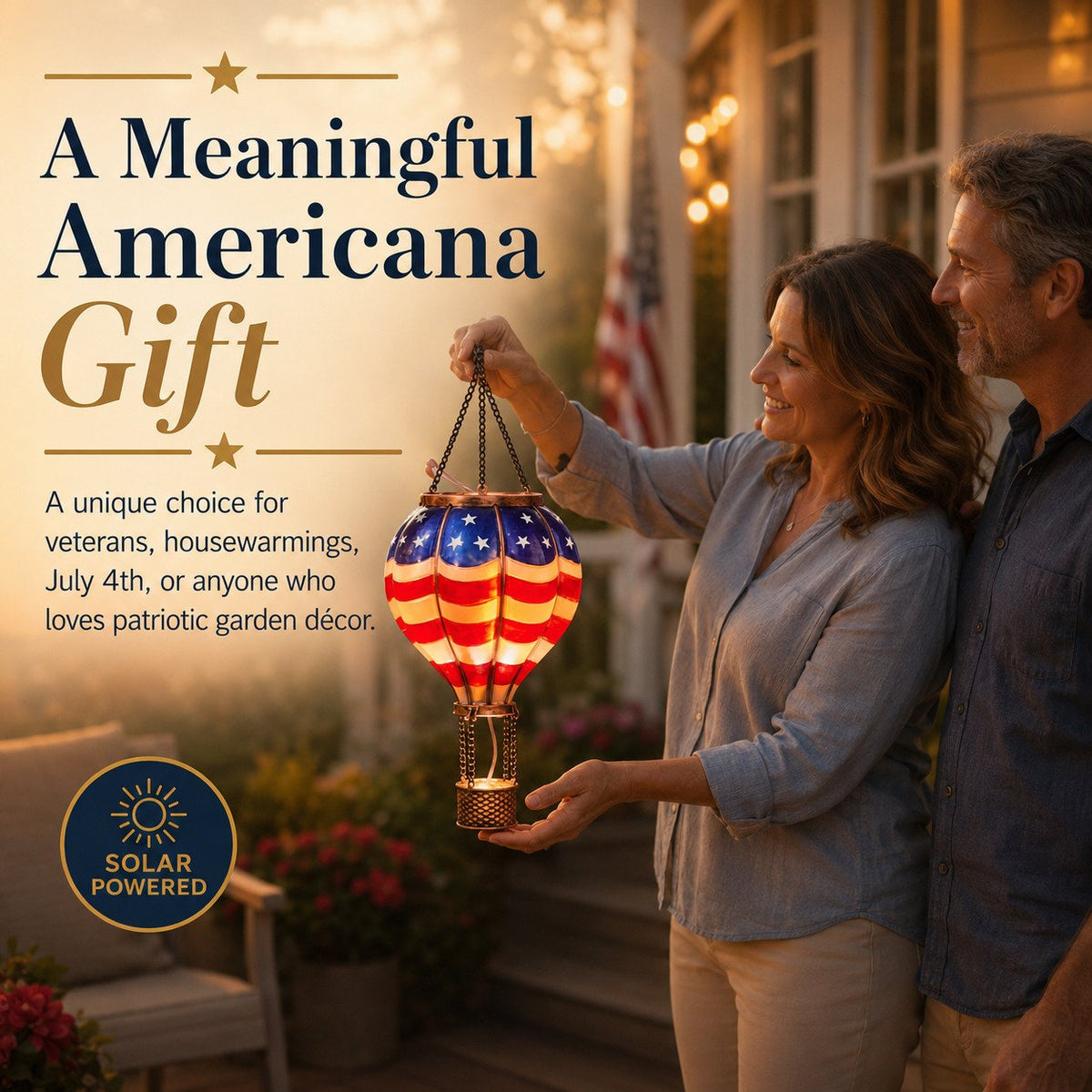 Solar Patriotic Hot Air Balloon Lantern Red, White, and Blue Glass Hanging Light with Realistic Flickering Flame Effect