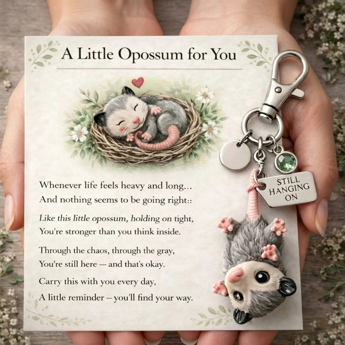 🐁🐁A Little Opossum for You - "Still Hanging On" Keychain & Sentiment Card Set