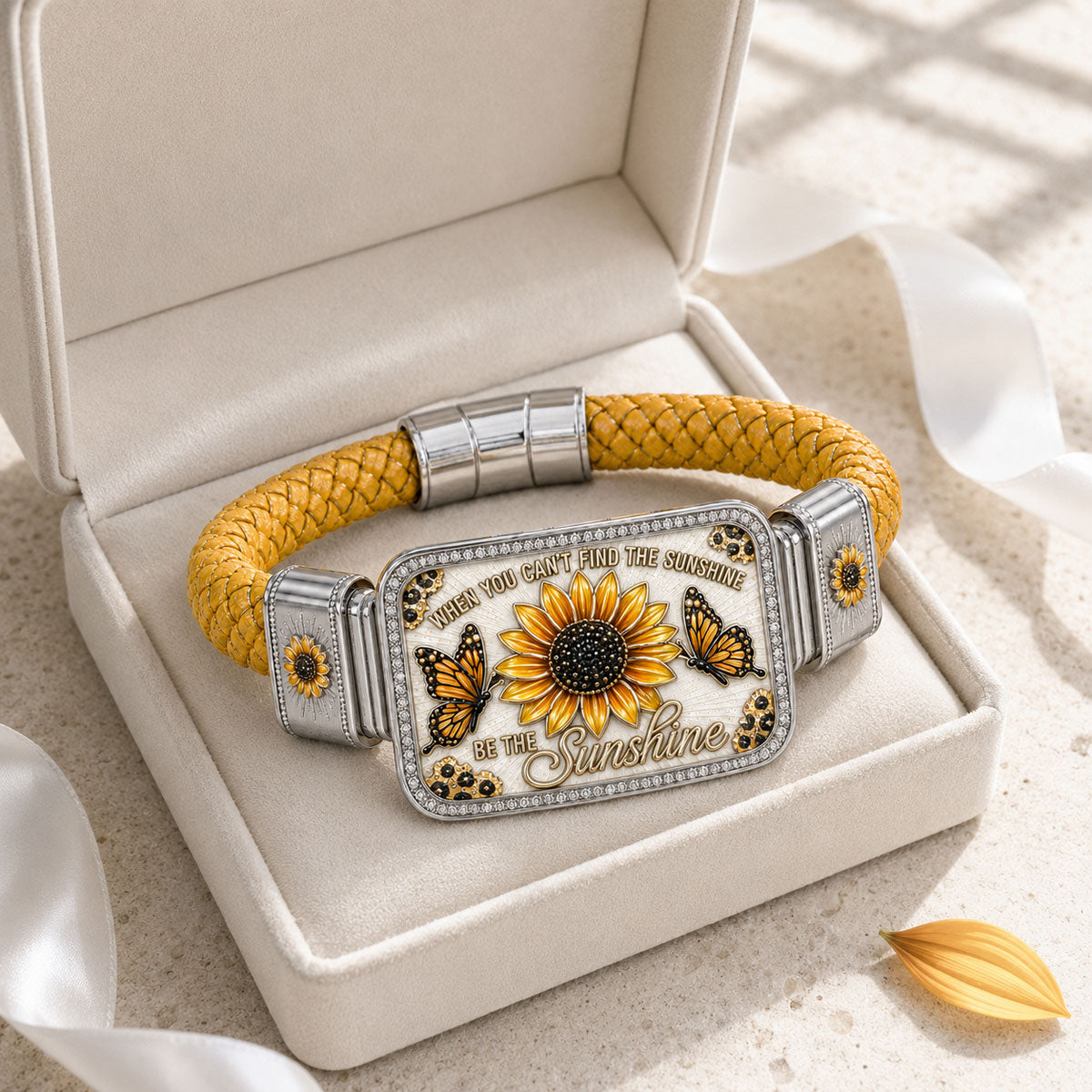 🌻🌻Sunflower & Butterfly “Be the Sunshine” Inspirational Braided Bracelet – Yellow Floral Statement Jewelry