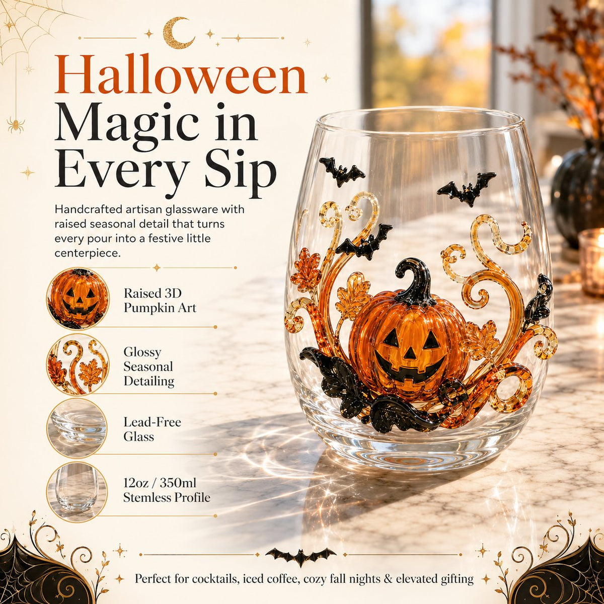 🎃 🎃 3D Halloween Artisan Glassware Collection | For Magical Halloween Sips, Eye-Catching 3D Details, Luminous Festive Party Moments & Cozy Fall Home Bar Glow