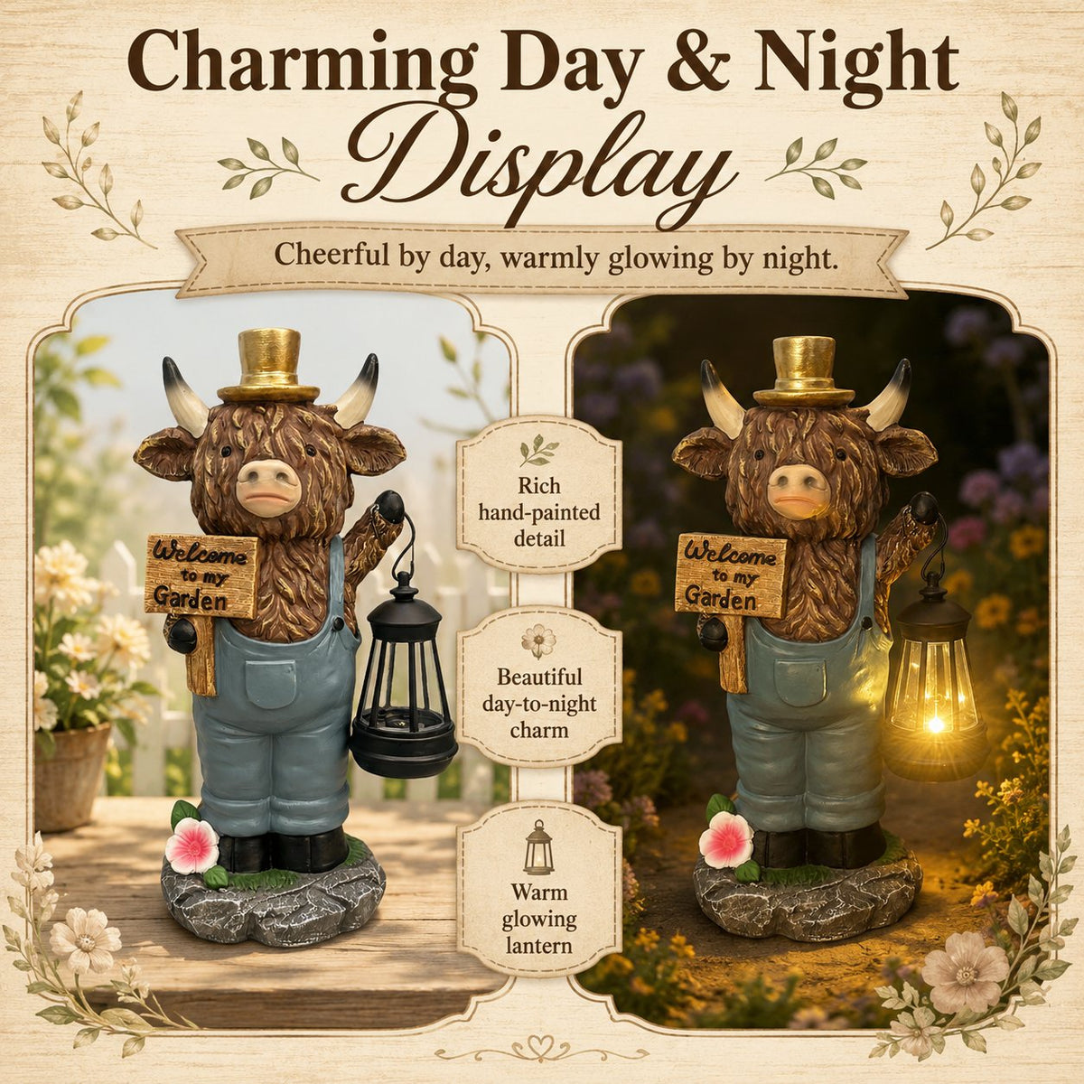 🐂Handcrafted Highland Cow Solar Garden Lantern Statue