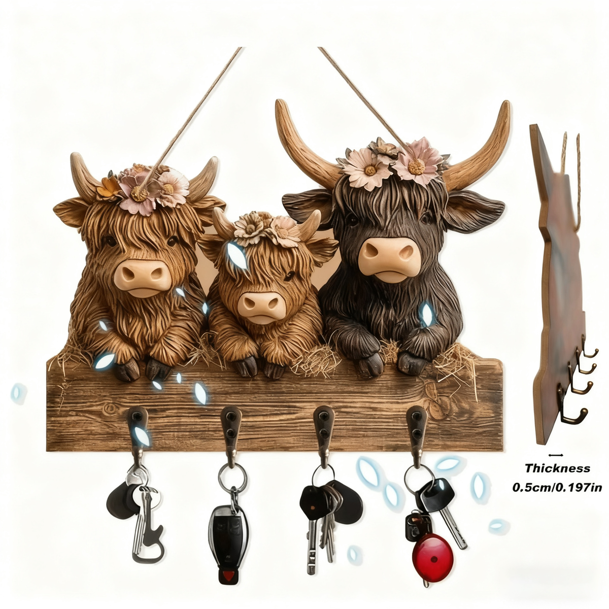 🐮 🐮2D-Rustic Highland Cow Wooden Family Key Holder Hanging Ornament with 4 Hooks