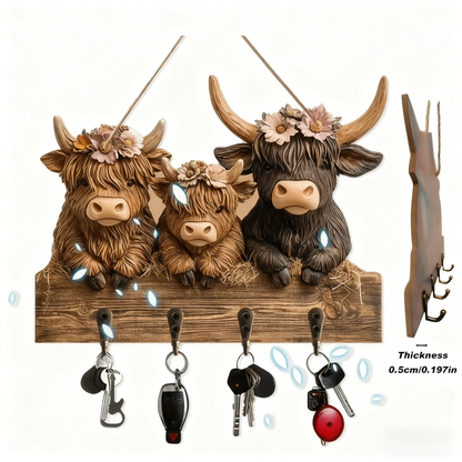 🐮 🐮2D-Rustic Highland Cow Wooden Family Key Holder Hanging Ornament with 4 Hooks