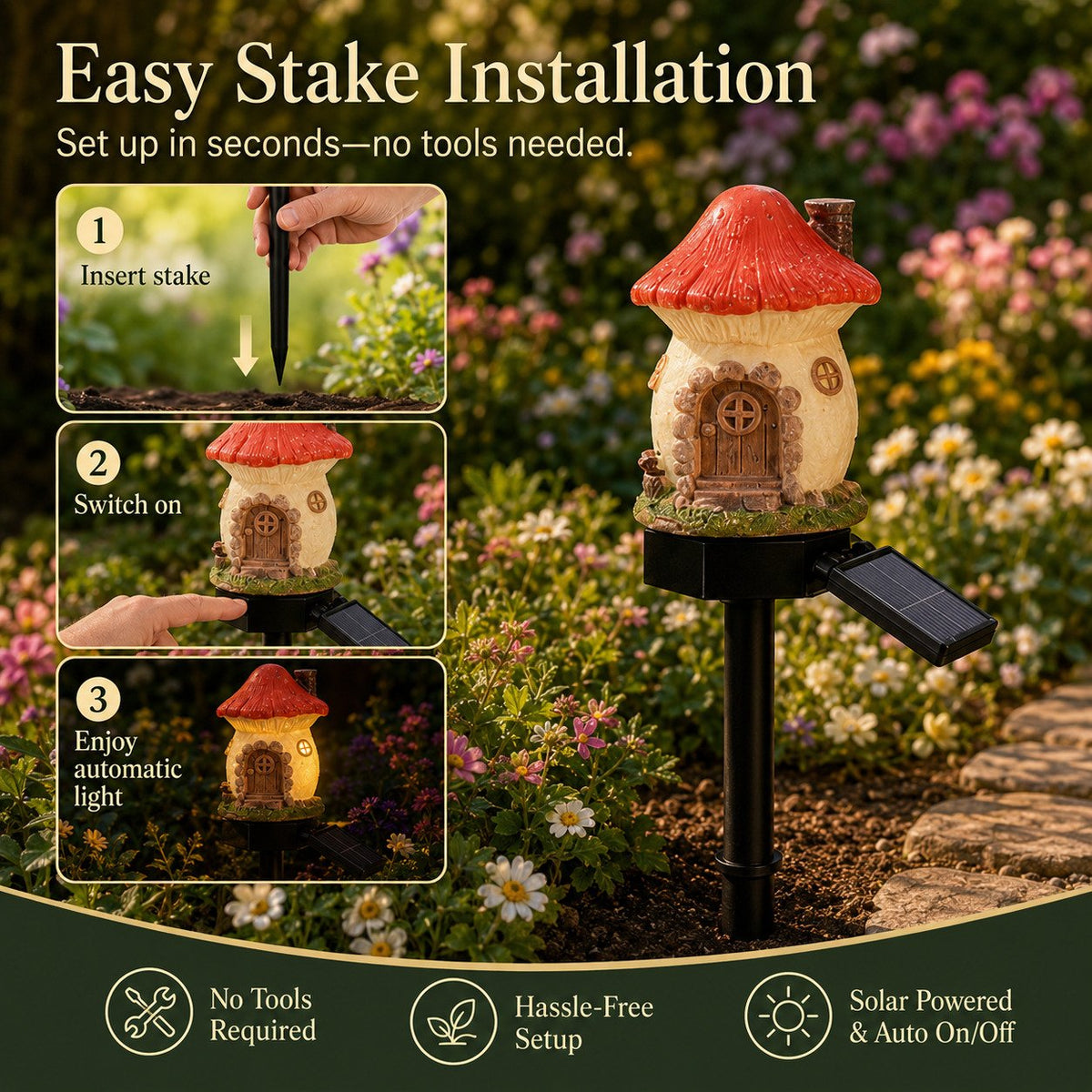 🍄🍄Solar Fairy-Tale Mushroom Cottage Garden Light
