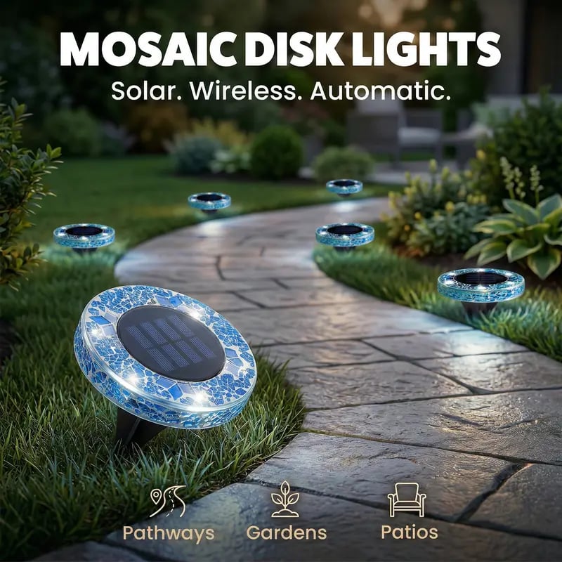 Solar Disk Lights – Handcrafted Mosaic Outdoor LED Waterproof In-Ground & Tabletop Wireless Lighting
