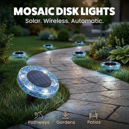Solar Disk Lights – Handcrafted Mosaic Outdoor LED Waterproof In-Ground & Tabletop Wireless Lighting