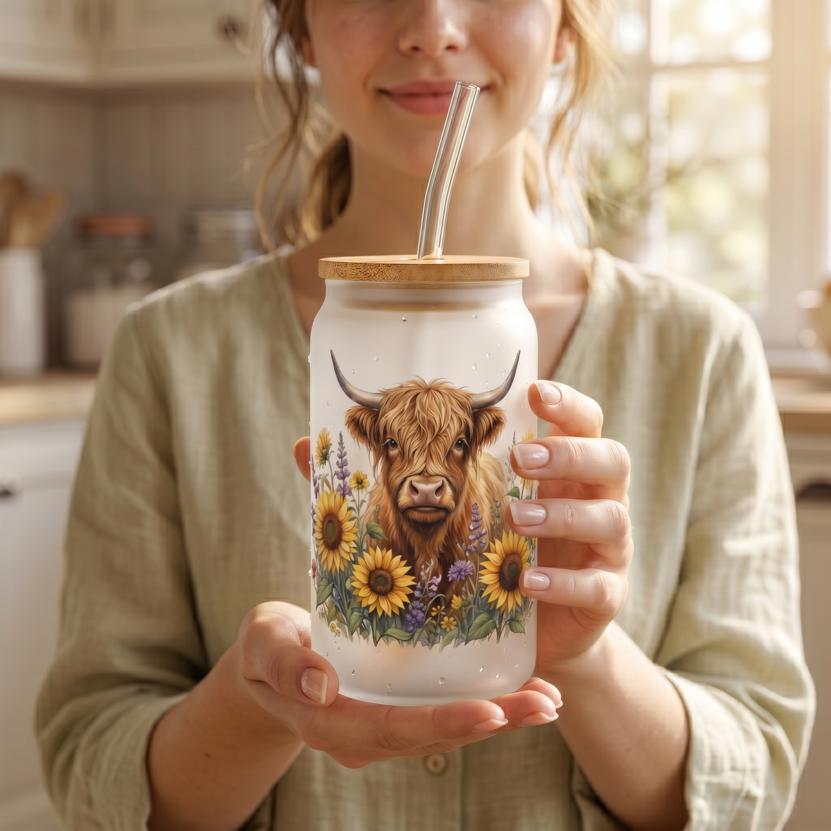 🐮 Highland Cow & Sunflower Frosted Glass Tumbler | 16oz Farmhouse Drinking Jar