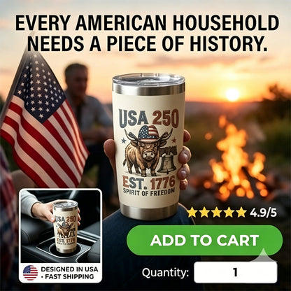 2026 Special Edition: USA 250th Anniversary "Spirit of Freedom" Highland Cow Insulated Tumbler - 20oz Stainless Steel Travel Mug