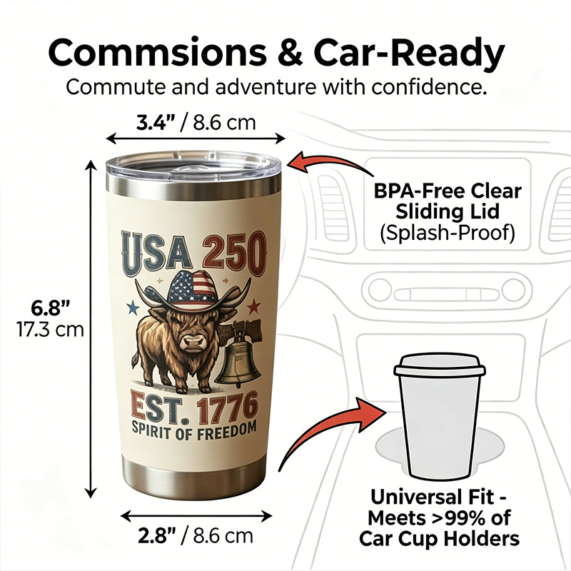 2026 Special Edition: USA 250th Anniversary "Spirit of Freedom" Highland Cow Insulated Tumbler - 20oz Stainless Steel Travel Mug