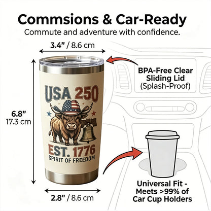 2026 Special Edition: USA 250th Anniversary "Spirit of Freedom" Highland Cow Insulated Tumbler - 20oz Stainless Steel Travel Mug